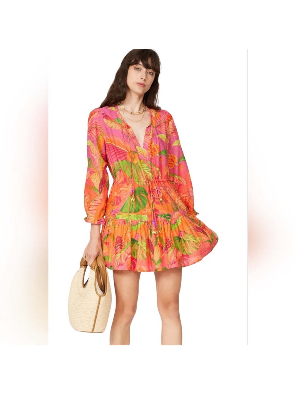 FARM Rio Red and Orange Tropical-Leaf Long Sleeve Tie-Waist Dress